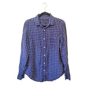 Banana Republic Navy Blue Plaid 100% Linen Camden Standard Fit Shirt